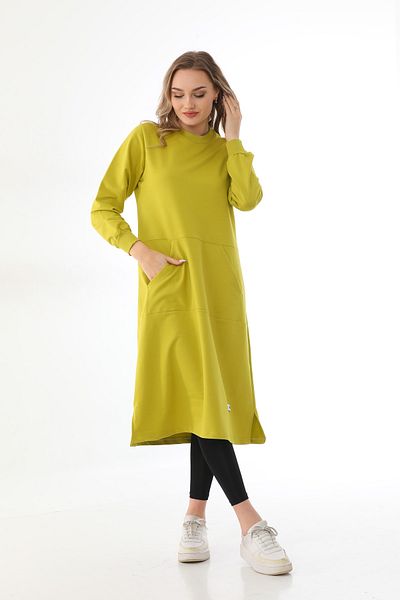 Elif Okur تونيك طويل بجيب حجاب 110 سم أخضر زيتي 1409