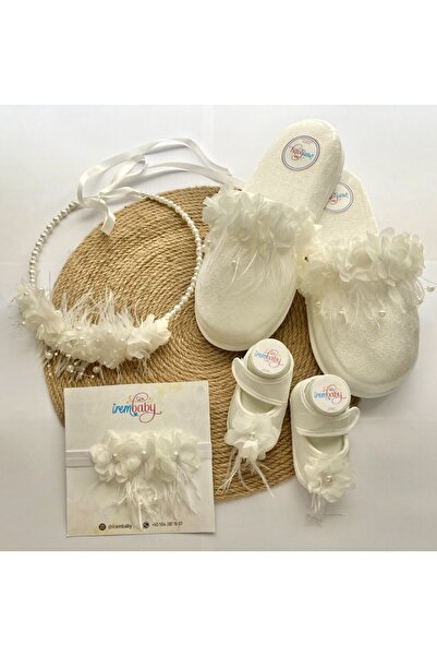 irembaby Anne Bebek Lohusa Seti Beyaz Çiçekli Incili Lohusa Tacı Terliği Bebe...
