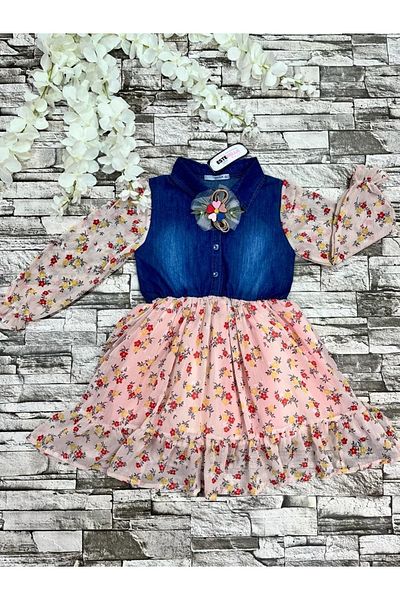 Esterella Rochie din șifon pentru blugi pentru copii/Guler cămașă din denim/Imprimeu floral/Rochie cadou cu cataramă