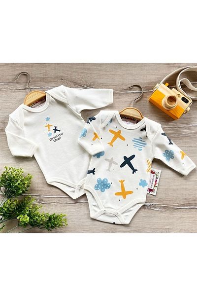 Renkli Puset 2-Piece Combed Cotton Baby Long Sleeve Snap-On Bodysuit Set Airplane