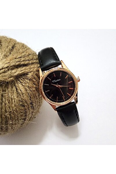 Marlas Retro Kadın Kol Saati, Vintage Minimal, Rose Gold Renk, Çizgili Kadran, Siyah Kordon