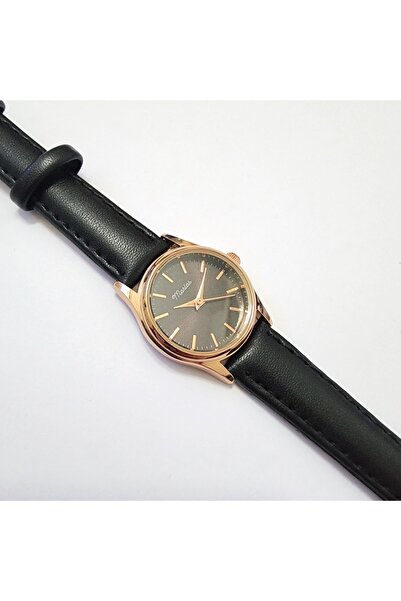 Marlas Retro Kadın Kol Saati, Vintage Minimal, Rose Gold Renk, Çizgili Kadran, Siyah Kordon