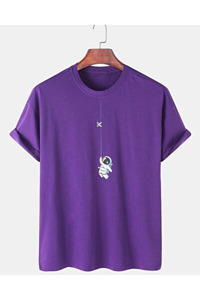 Keywest تي شيرت قطني كبير الحجم مطبوع بتفاصيل رائد الفضاء باللون الأرجواني