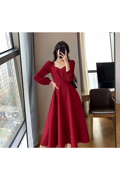 Styling Park Midi Length Collar Detail Long Sleeve Dress