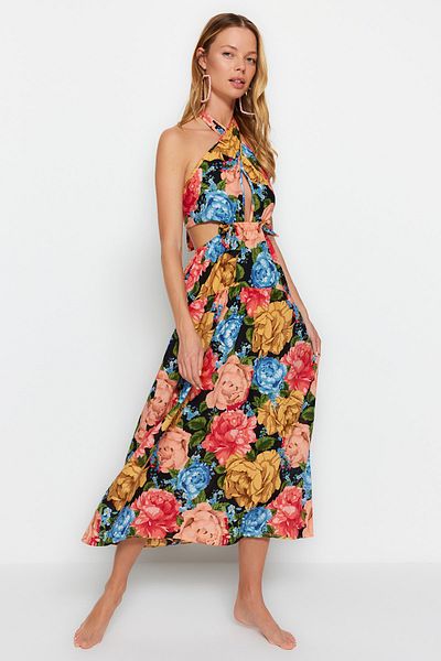 Trendyol Collection Floral Patterned Maxi Woven Tie-Up 100% Cotton Beach Dress TBESS23EL00214