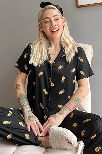 Pijamaevi Pineapple Patterned Knitted Front Buttoned Short Sleeve Women's Pajamas