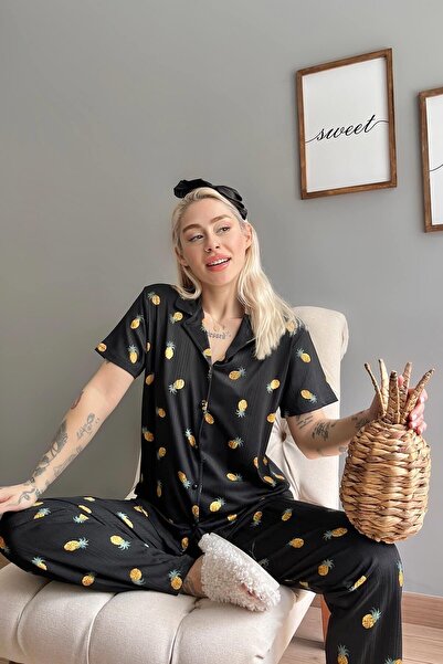 Pijamaevi Pineapple Patterned Knitted Front Buttoned Short Sleeve Women's Pajamas