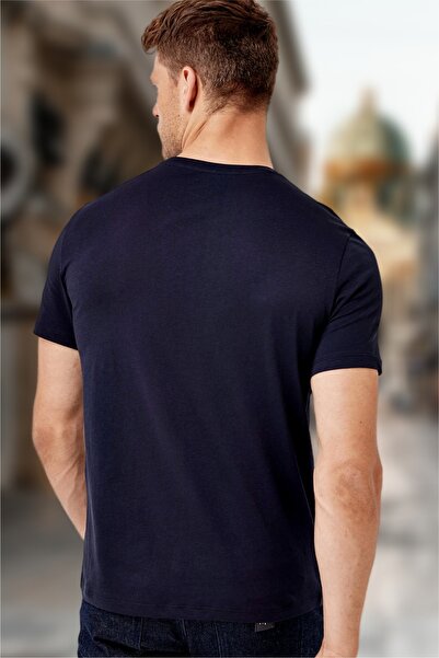 BESSA Ανδρικό άνετο βαμβακερό μπλουζάκι Navy Blue Crew Neck