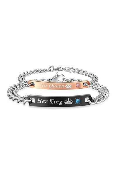 Tesbihane Plated Rose/black Plate with English "Her King" - "Her Queen" Text 2-Piece Bracelet Set