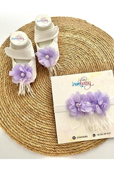 irembaby Bebek Lohusa Seti Lila Çiçekli Incili Lohusa Bebek Ayakkabı Saç Bandı