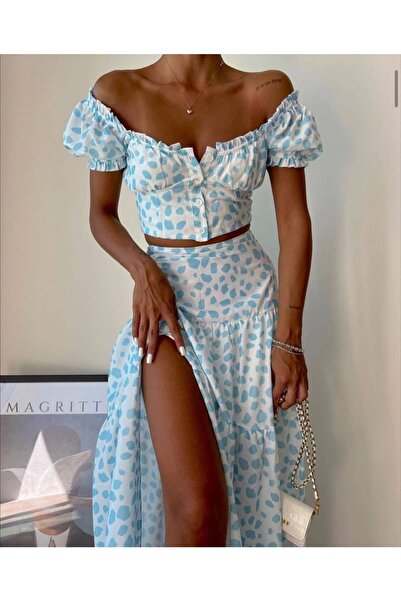 Rabury Butik Blue Summer Coolness Çiçekli Yırtmaçlı Etek & Crop Takım