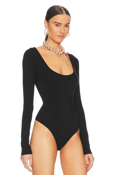 Zagrep Women's Black U Neck Long Sleeve Silk Jersey Bodysuit