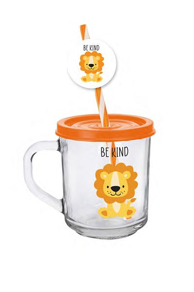 krommet 246 Cc Lion Patterned Glass Cup with Handle, Children's Cup with Lid, Rosette and Straw