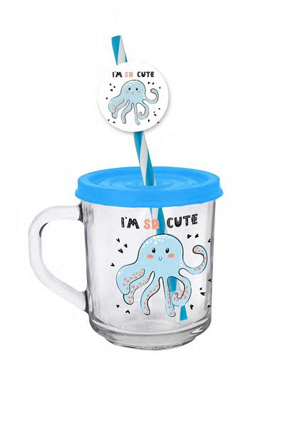 krommet 246 Cc Octopus Patterned Glass Cup with Handle, Children's Cup with Lid, Rosette and Straw