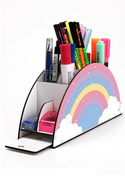 kutuTR سلسلة Vip Rainbow - حامل قلم منظم للأطفال ومسطرة سطح المكتب مع صندوق مجمع