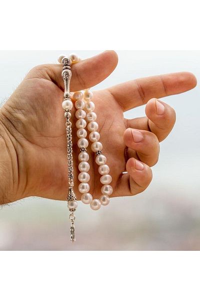 TESBİHCİBABA Silver Crescent and Star Design Pearl Rosary