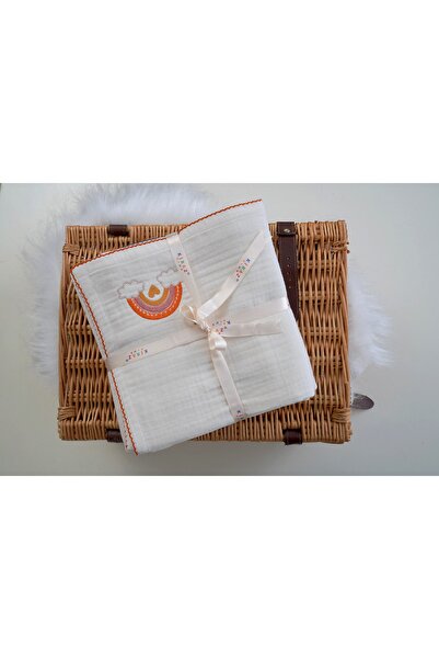 Kirazkids Beige 100% Cotton Striped Hero - Fade Resistant, Embroidered Orange Rainbow, 4-Layer Muslin Blanket