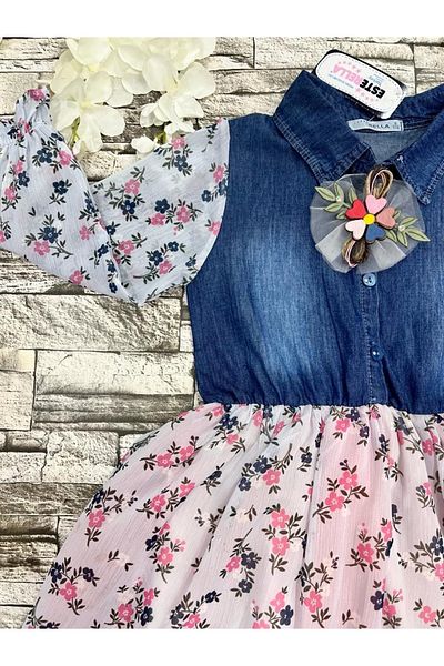 Esterella Rochie din șifon pentru blugi pentru copii/Guler cămașă din denim/Imprimeu floral/Rochie cadou cu cataramă