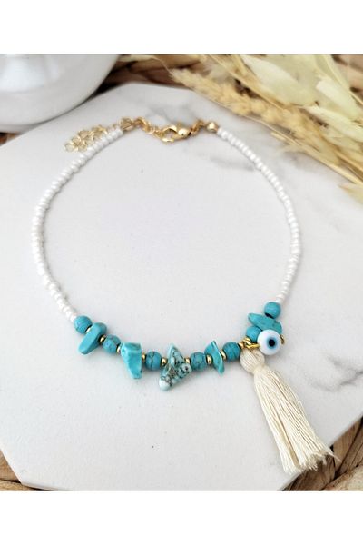 HALHALMILL Ecru Tassel Hanging Evil Eye Beaded Natural Stone Anklet