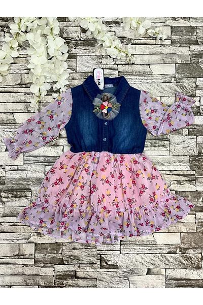Esterella Rochie din șifon pentru blugi pentru copii/Guler cămașă din denim/Imprimeu floral/Rochie cadou cu cataramă