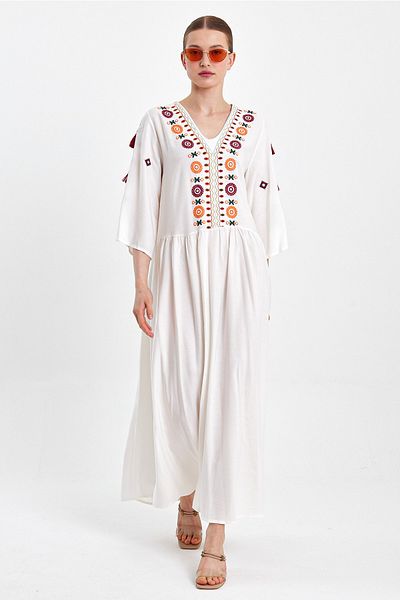 Denismoda Έθνικ Κεντητά Μανίκια Φούντα Λεπτομερές Φόρεμα