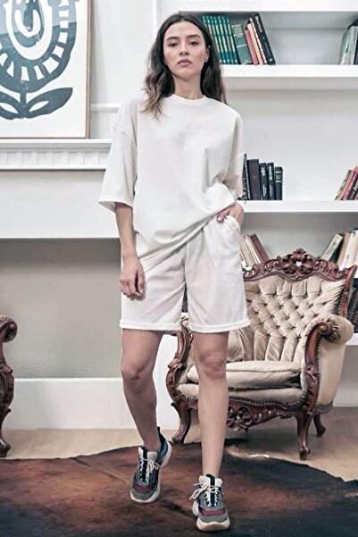 GiyimAdaButik Unisex Λευκό Loose Fit Oversize T-shirt Σορτς κάτω επάνω σετ
