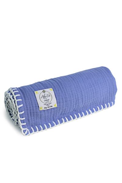 Atölye Eda Exclusive El Işçiliği Ve El Işlemeli 4 Kat Müslin Battaniye 120x120cm-indigo