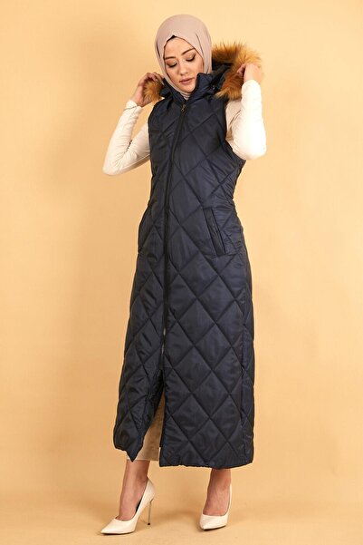 Modamihram Marineblaue gesteppte Pufferweste - Kapuze MİH12255