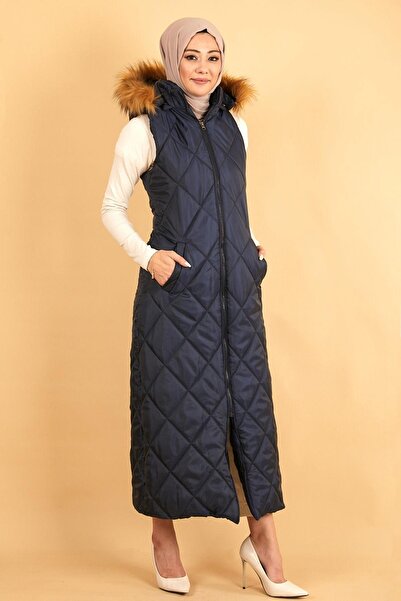 Modamihram Marineblaue gesteppte Pufferweste - Kapuze MİH12255