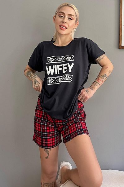 Pijamaevi Milé rodinné pyžamo s námořnicky modrými kraťasy Wifey - dámská sada