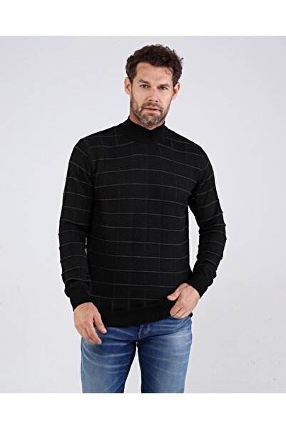 Çizgi Triko Ανδρικό πλεκτό μαύρο πουλόβερ με μοτίβο από βαμβακερό μισό ζιβάγκο