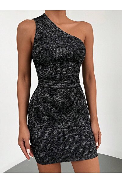 AQE FASHION Fustă fără mâneci deschisă cu un singur umăr argintiu Costum dublu negru