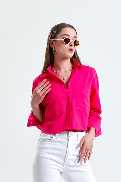 ladyzey Kadın Uzun Kollu Çift Cepli Düğmeli Pembe Crop Gömlek