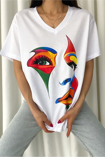 FEMELLE Women's White V-Neck Printed 100% Cotton T-Shirt