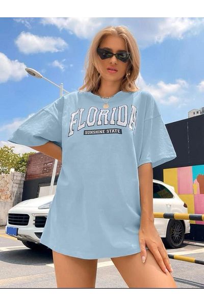 SELENA BUTİK Μπλουζάκι με στάμπα Unisex Florida Oversize Baby Blue