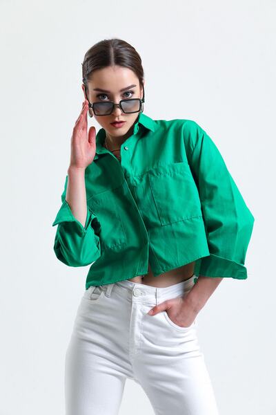 ladyzey Γυναικείο μακρυμάνικο πουκάμισο με διπλή τσέπη με κουμπιά πράσινο Crop