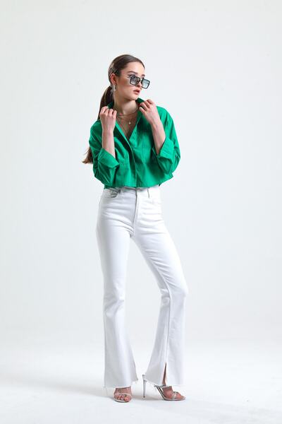 ladyzey Γυναικείο μακρυμάνικο πουκάμισο με διπλή τσέπη με κουμπιά πράσινο Crop