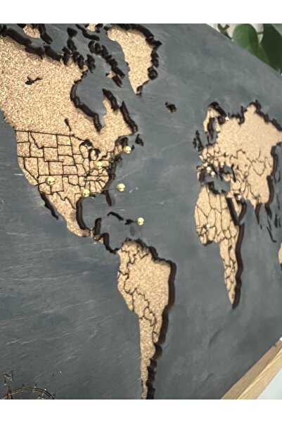 MapofX Masaüstü Dünya Haritası, Mantar Ve Ahşap Harita 30 Adet Pin Hediyeli 30x20 Cm - Hediye Fikirleri
