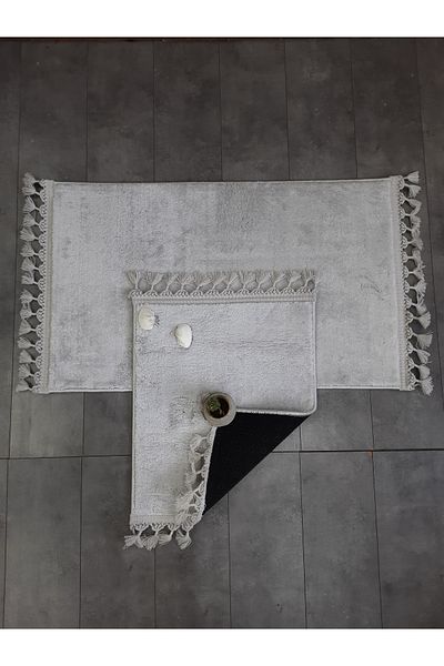 Bonny Home Set de toaletă cu ciucuri, covor de baie, covor de baie, din 2 bucăți, cu franjuri, cu pompon gri Elite