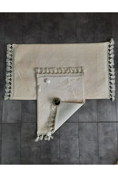 Bonny Home Set de toaletă cu ciucuri, covor de baie, covor de baie, din 2 bucăți, cu franjuri, cremă, cu pompon