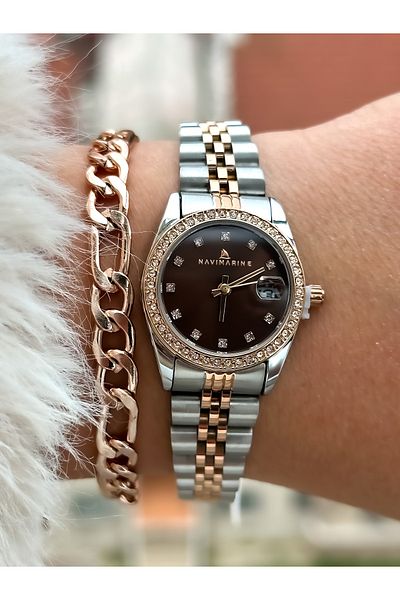 Navimarine Brand Small Case, Steel Strap, Gold Elegant Calendar Women's Wristwatch + bracelet