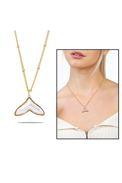 Tesbihane Gold Color Non-Tarnish Metal Chain Whale Tail Design Pearl Natural Stone Combination Women's Necklace