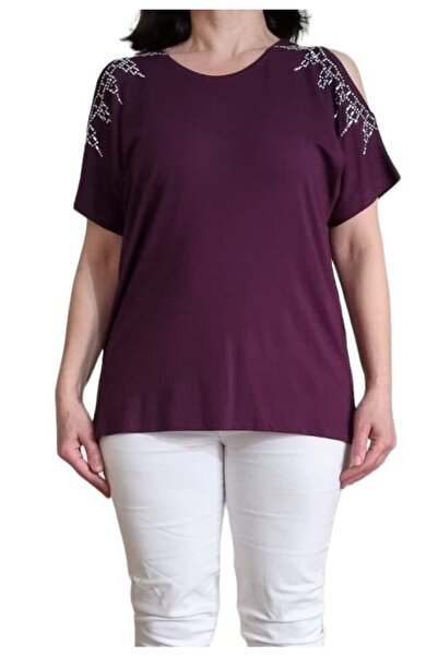 HaiModa Kadın Büyük Beden Penye Bluz Düşük Kol Omuz Açık Taş Detaylı