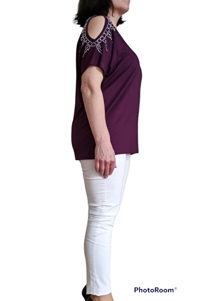 HaiModa Kadın Büyük Beden Penye Bluz Düşük Kol Omuz Açık Taş Detaylı