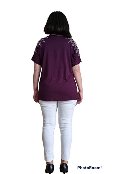 HaiModa Kadın Büyük Beden Penye Bluz Düşük Kol Omuz Açık Taş Detaylı
