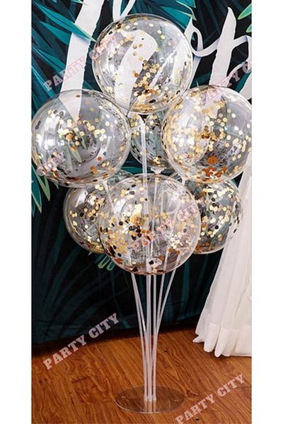 Party City Transparent Balloon Gold Sequin 7-Piece Stand Set