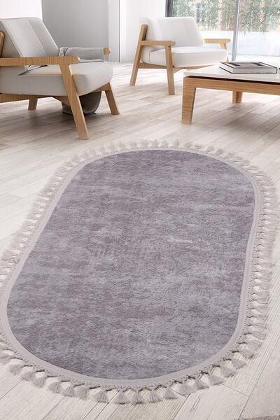 Bonny Home Nova Gri Oval Leke Tutmaz Yıkanabilir Kaymaz Ponpon Saçaklı Antiba...