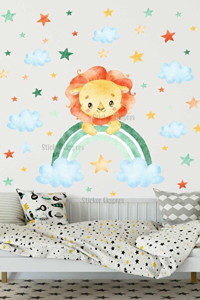 Sticker Ekspres Gökkuşağında Sevimli Aslan Ve Yıldızlar Çocuk Odası Duvar Sti...