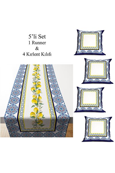 Tataroğlu Dijital Kumaş Sofra Setleri-5li Set 1 Runner Ve 4 Kırlent Kılıfı-kenarları Çini Motifli Ortası Limonlu Desen