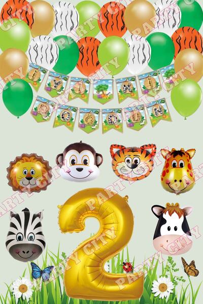 Party City Safari Balon Konsepti 2 Yaş Doğum Günü Parti Kutlama Seti Balon Zi...